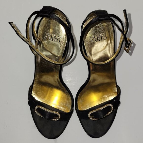 Franco Sarto L-Gabor Black Satin Open Toe Heels Gold W/Rhinestones Size 6.5 - Picture 3 of 11